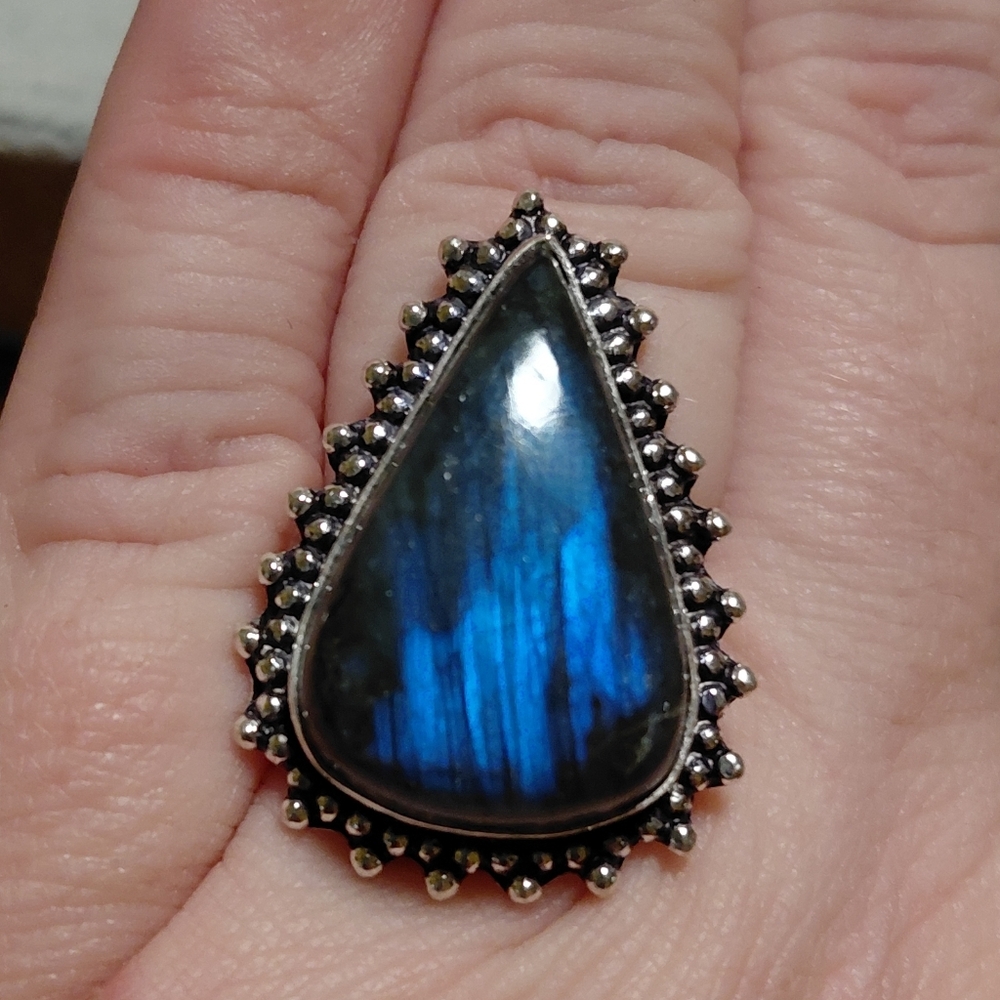 Flash Labradorite Teardrop Ring Size 6.5 - Picture 2 of 10
